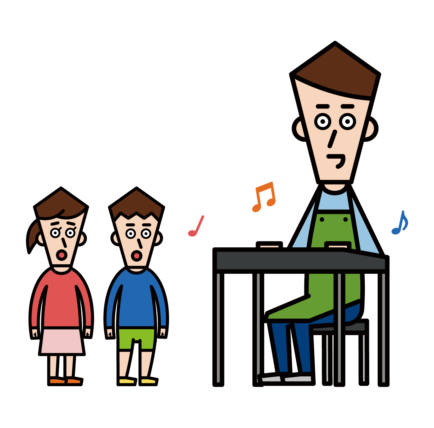 Illustration of a nursery teacher (female) playing the piano