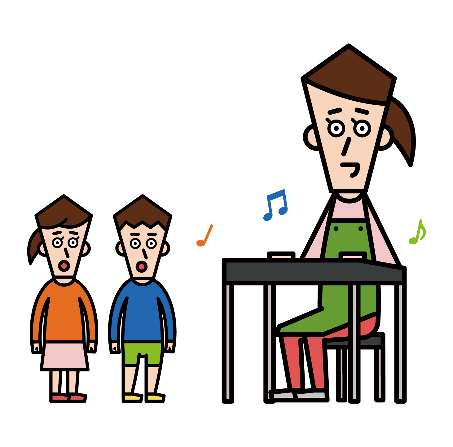 Illustration of a nursery teacher (female) playing the piano