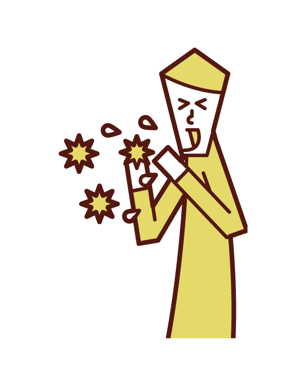 Illustration of a man who sneezes and flies a virus