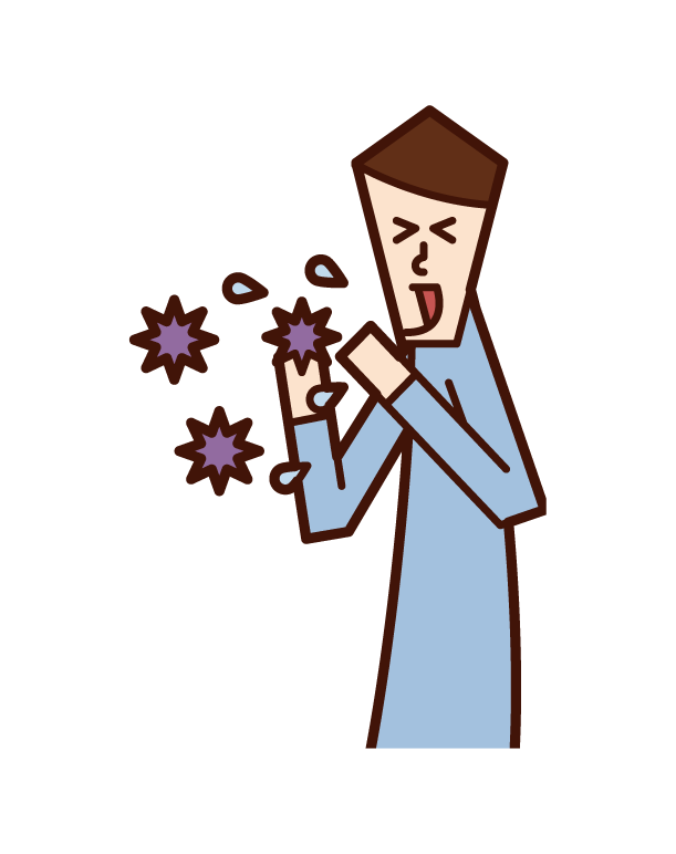 Illustration of a man who sneezes and flies a virus