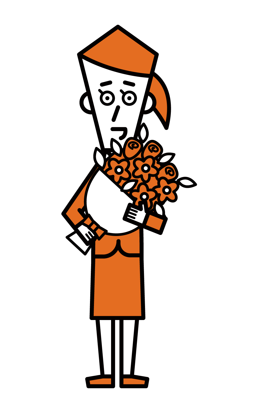 Illustration of a person (woman) giving a bouquet of flowers