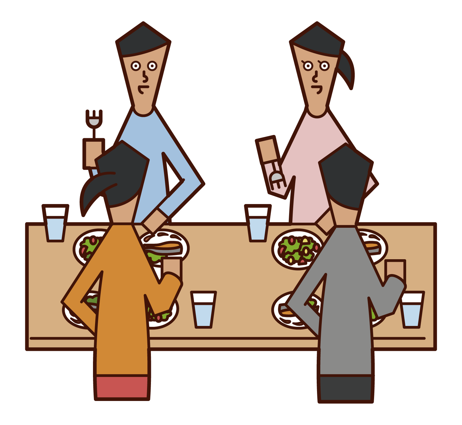 Illustrations of people (men and women) enjoying lunch