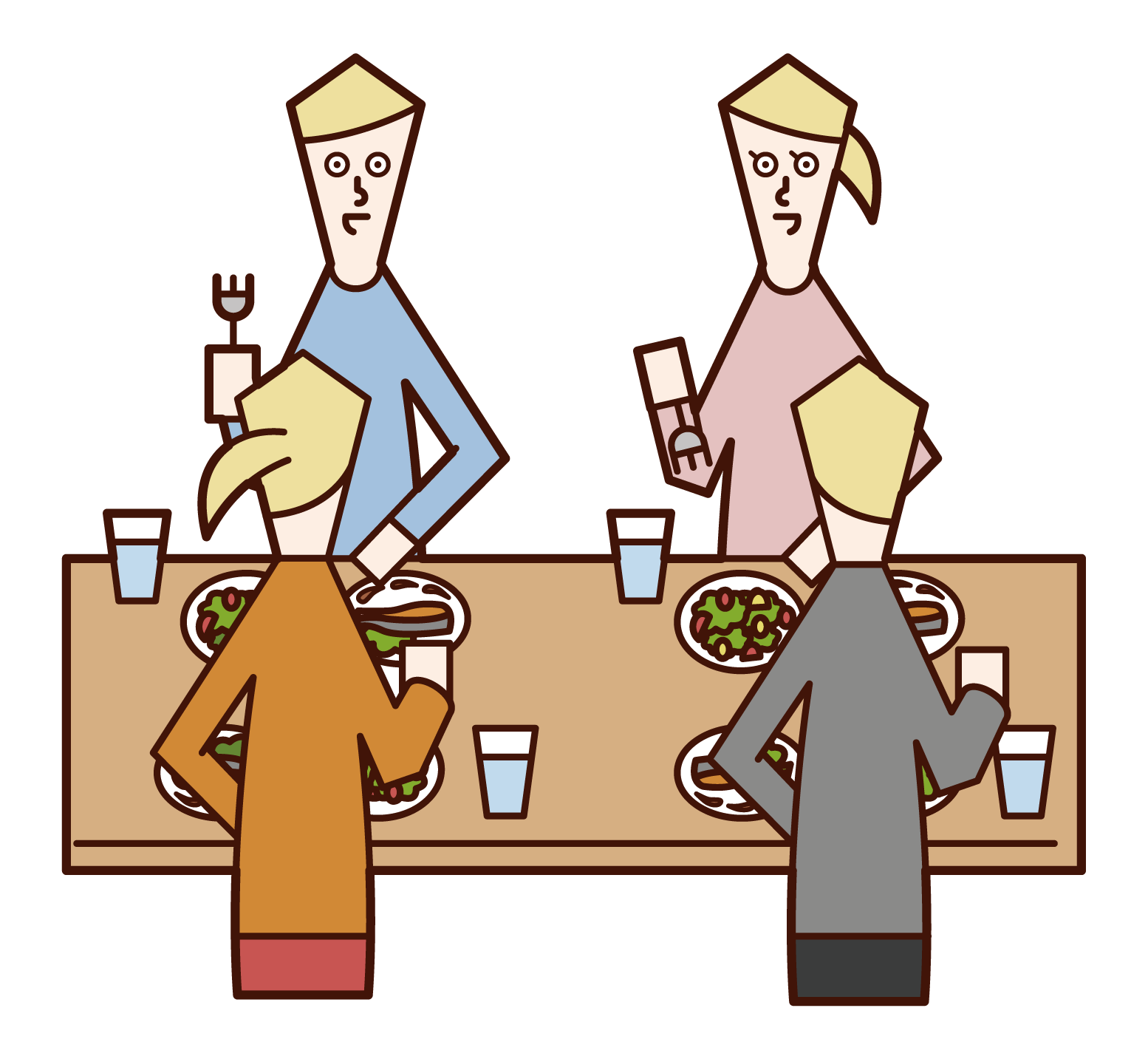 Illustrations of people (men and women) enjoying lunch