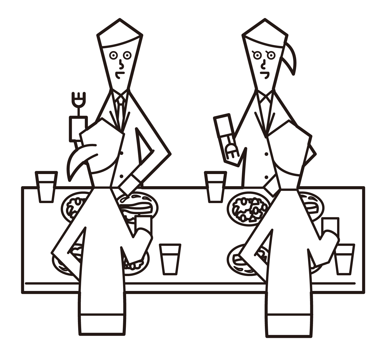 Illustrations of people (men) enjoying lunch