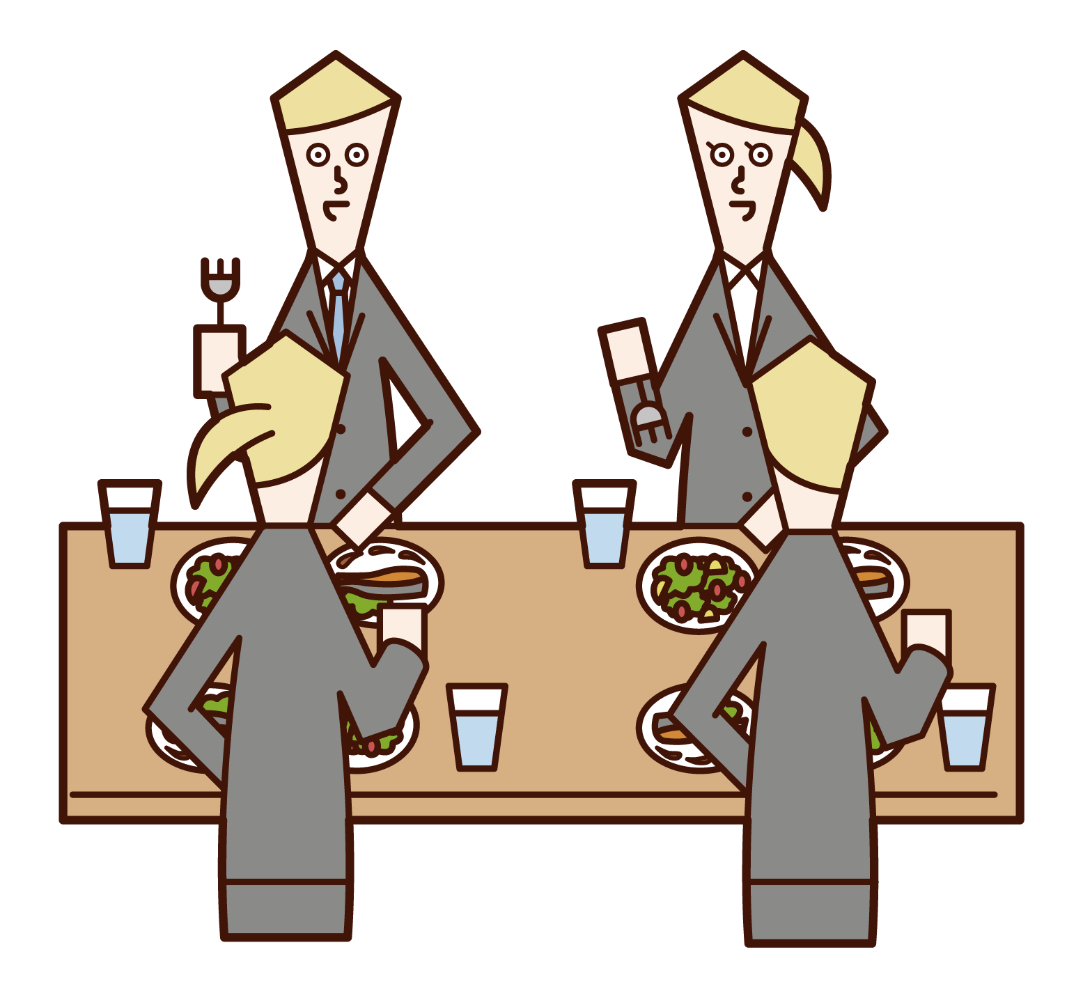 Illustrations of people (men) enjoying lunch