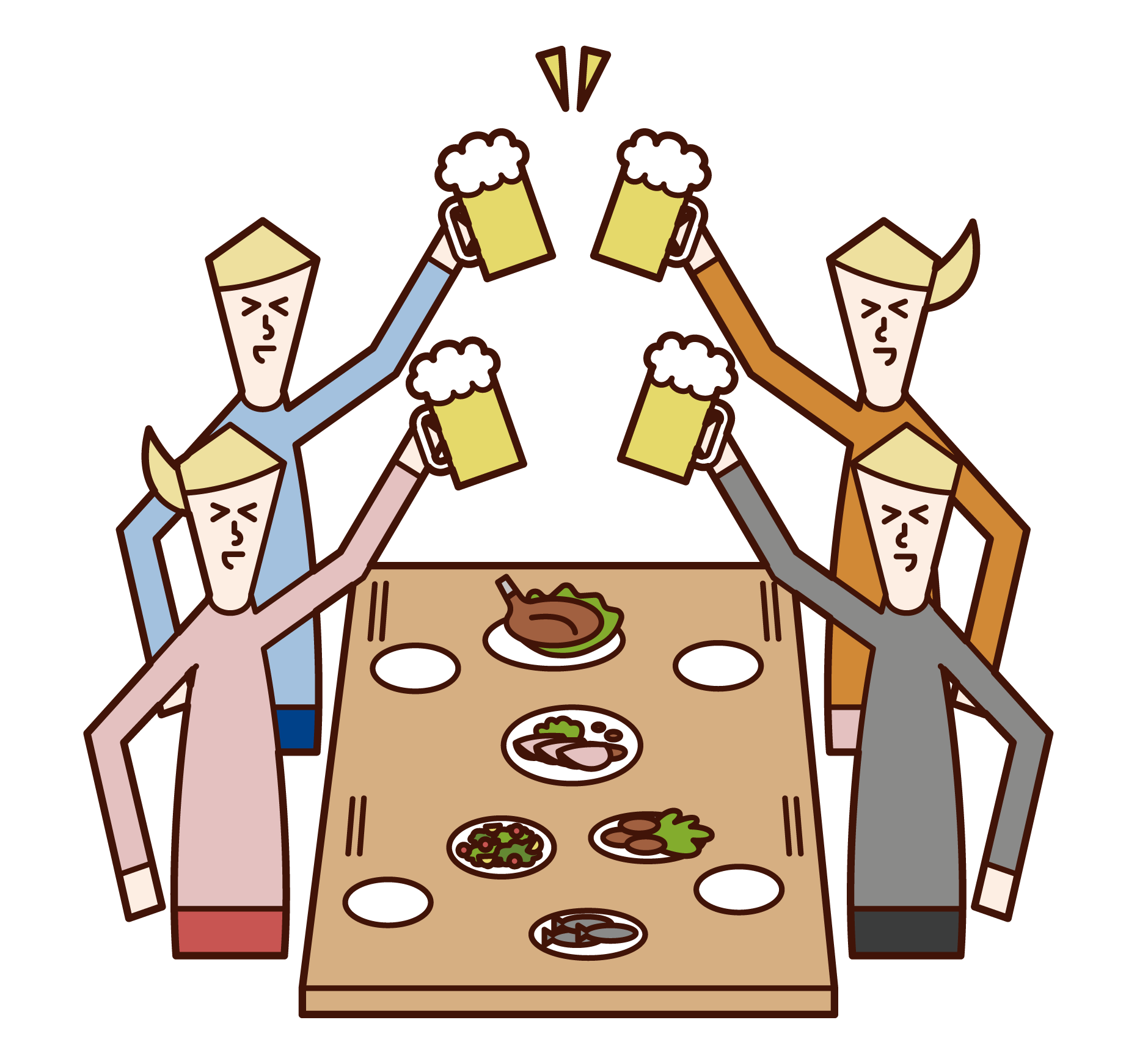 Illustration of people (men and women) toasting at a drinking party