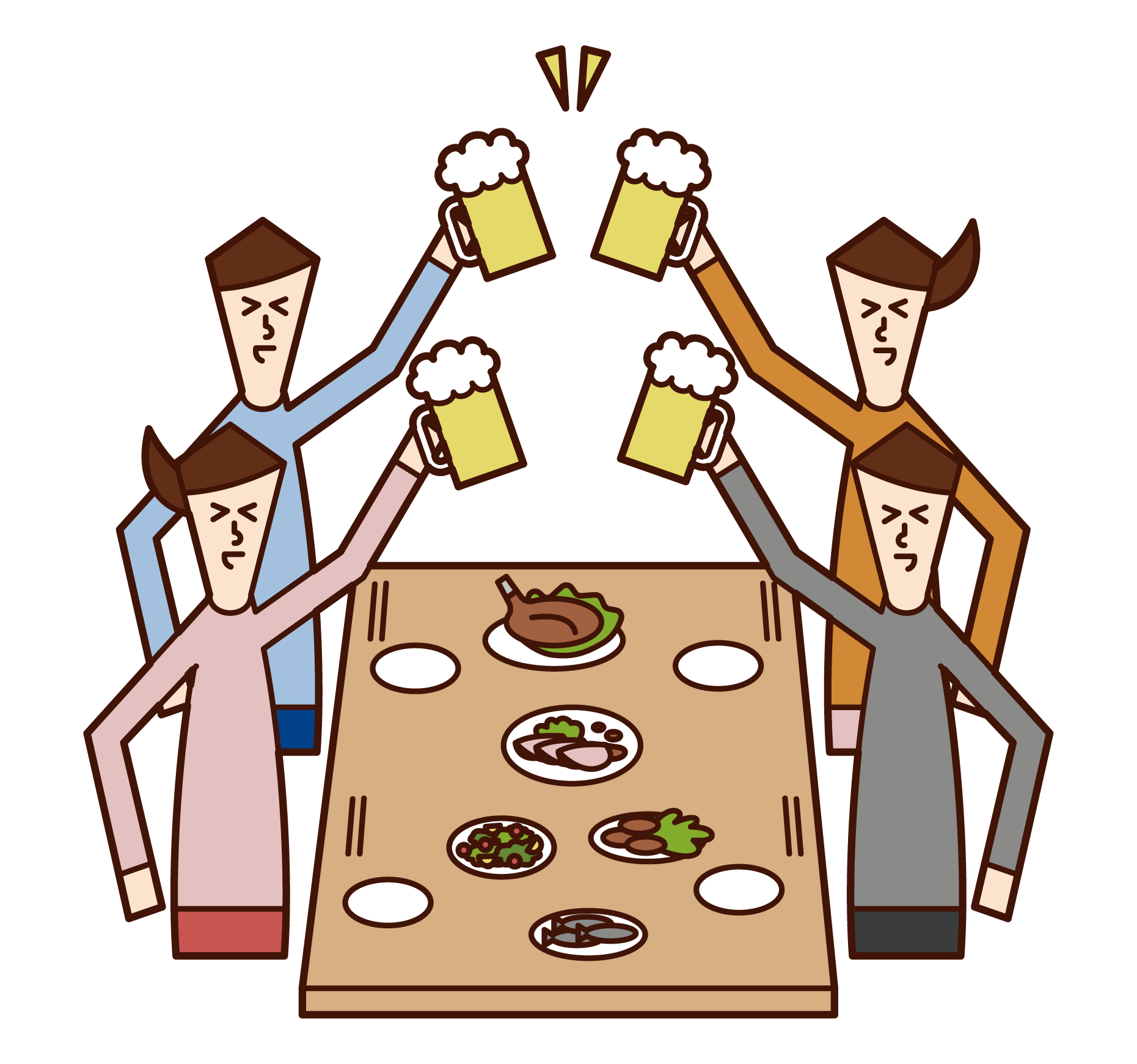 Illustration of people (men and women) toasting at a drinking party