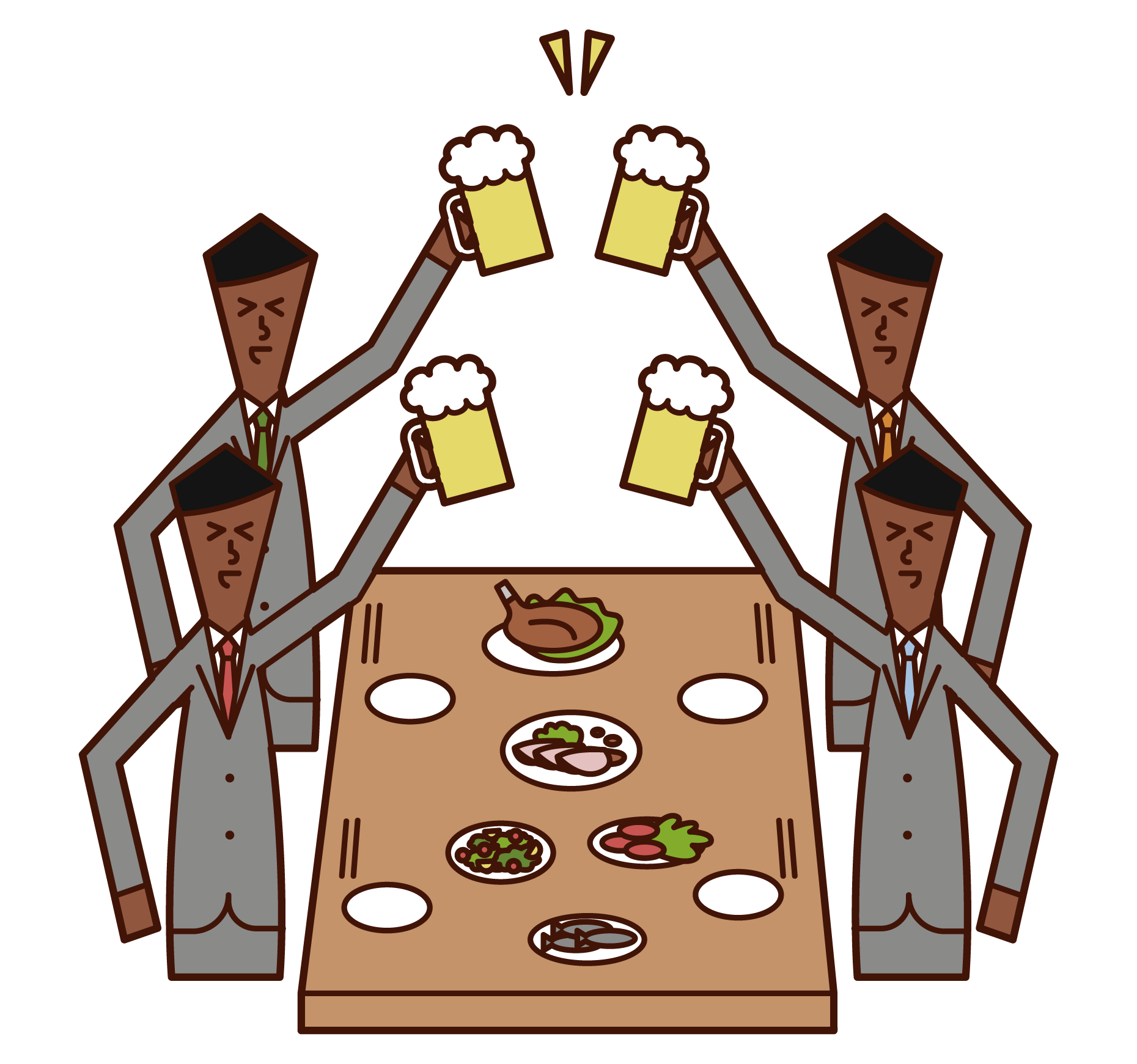 Illustration of people (men) toasting at a drinking party
