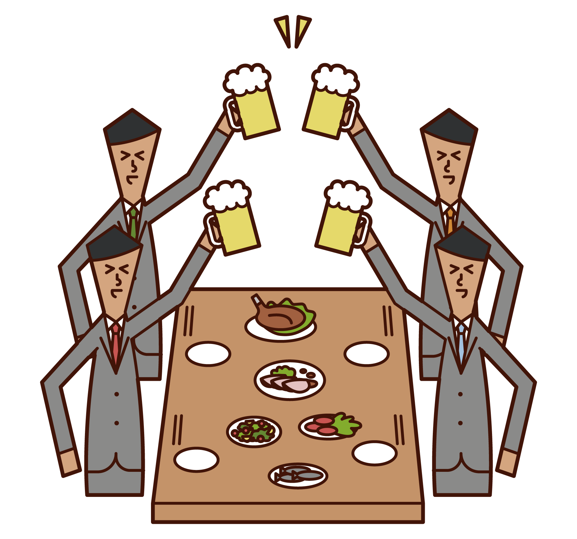 Illustration of people (men) toasting at a drinking party