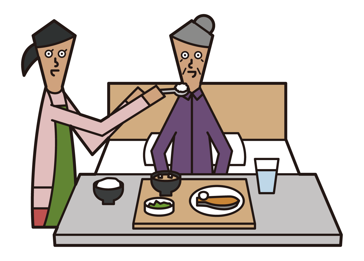 Illustration of an elderly person (female) receiving meal assistance