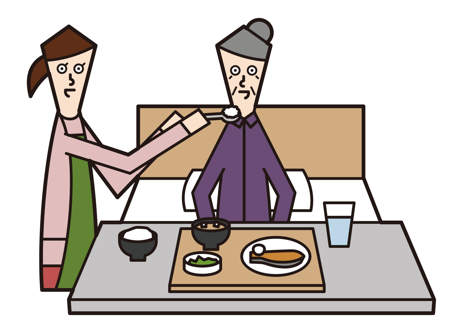 Illustration of an elderly person (female) receiving meal assistance