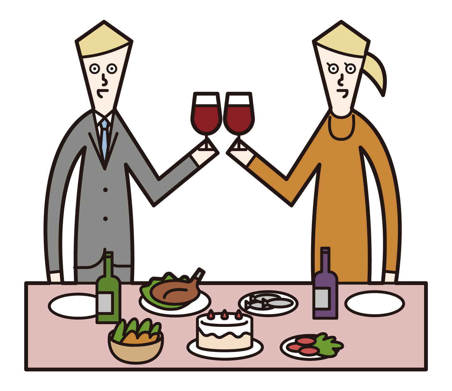 Illustrations of people (men and women) toasting at a party