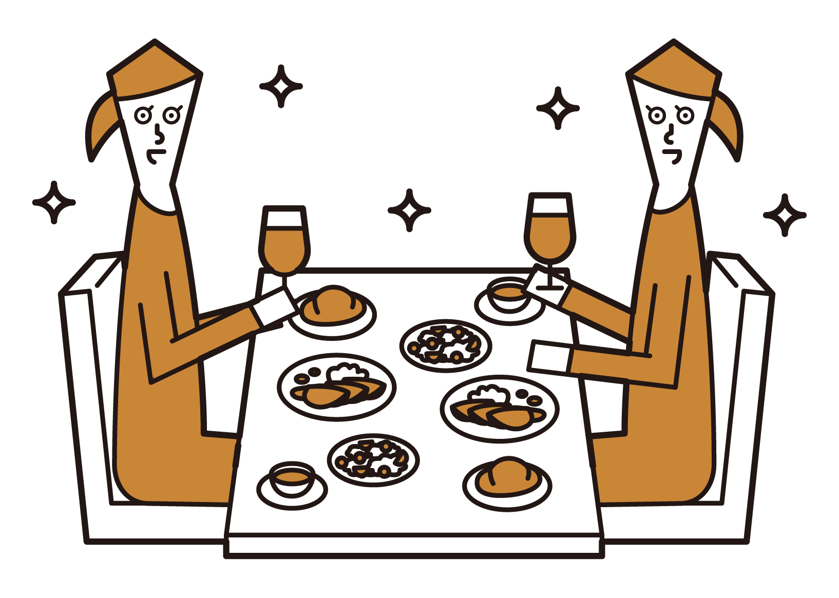 식당에서 저녁 을 먹는 사람들(여성)의 일러스트