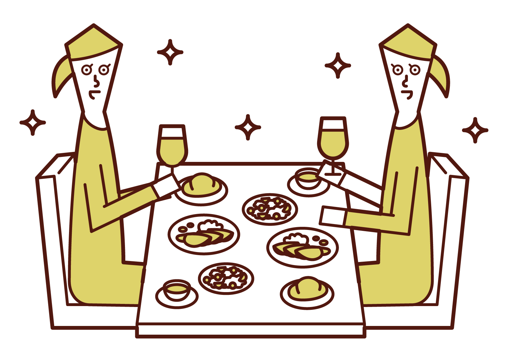 Illustration of people (women) eating dinner at a restaurant
