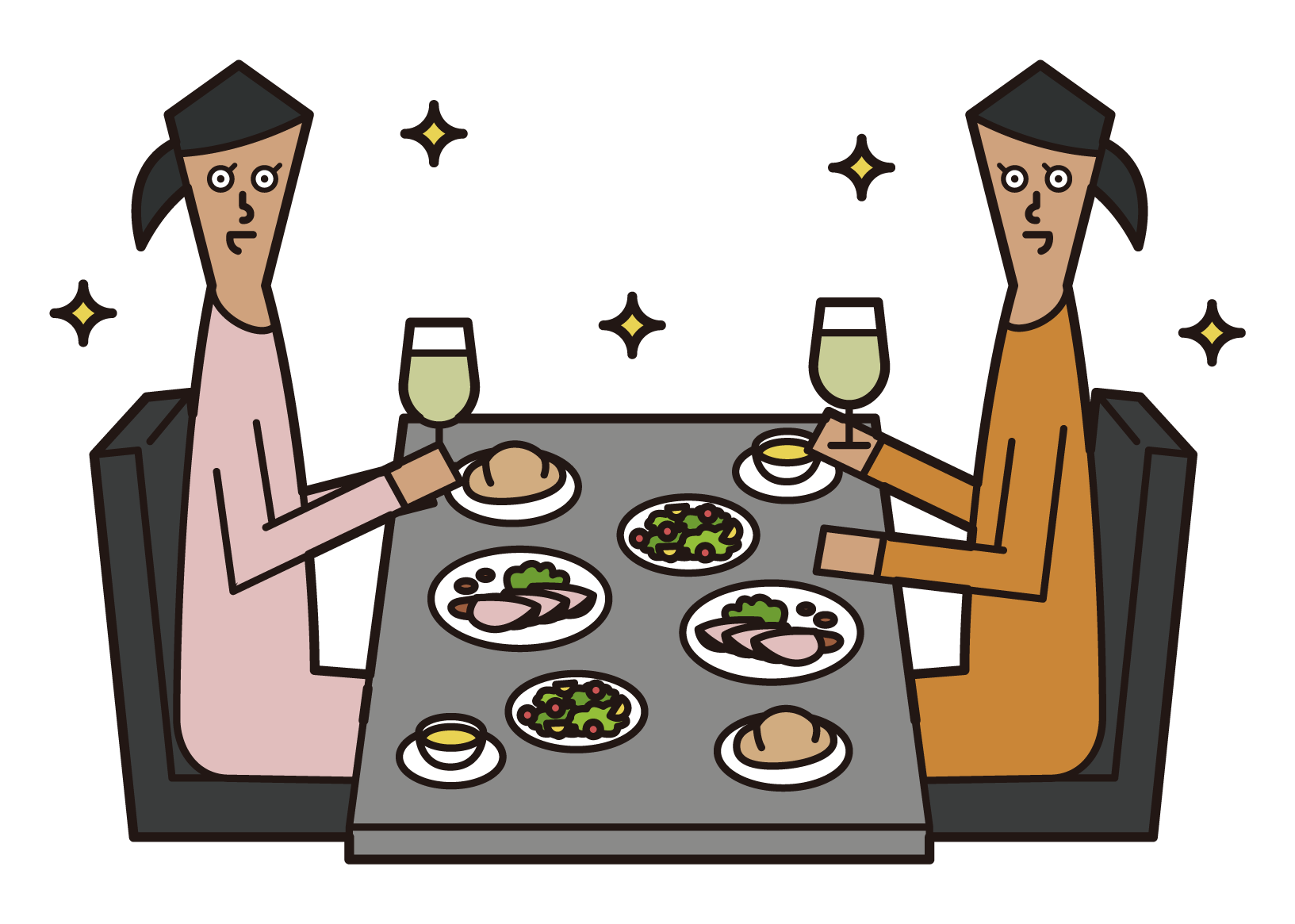 Illustration of people (women) eating dinner at a restaurant