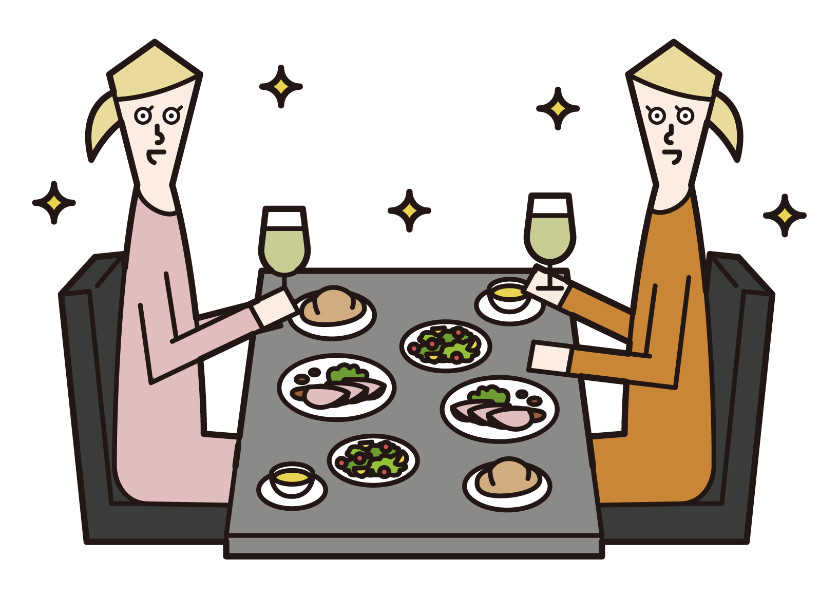 レストランでディナーを食べる人たち（女性）のイラスト