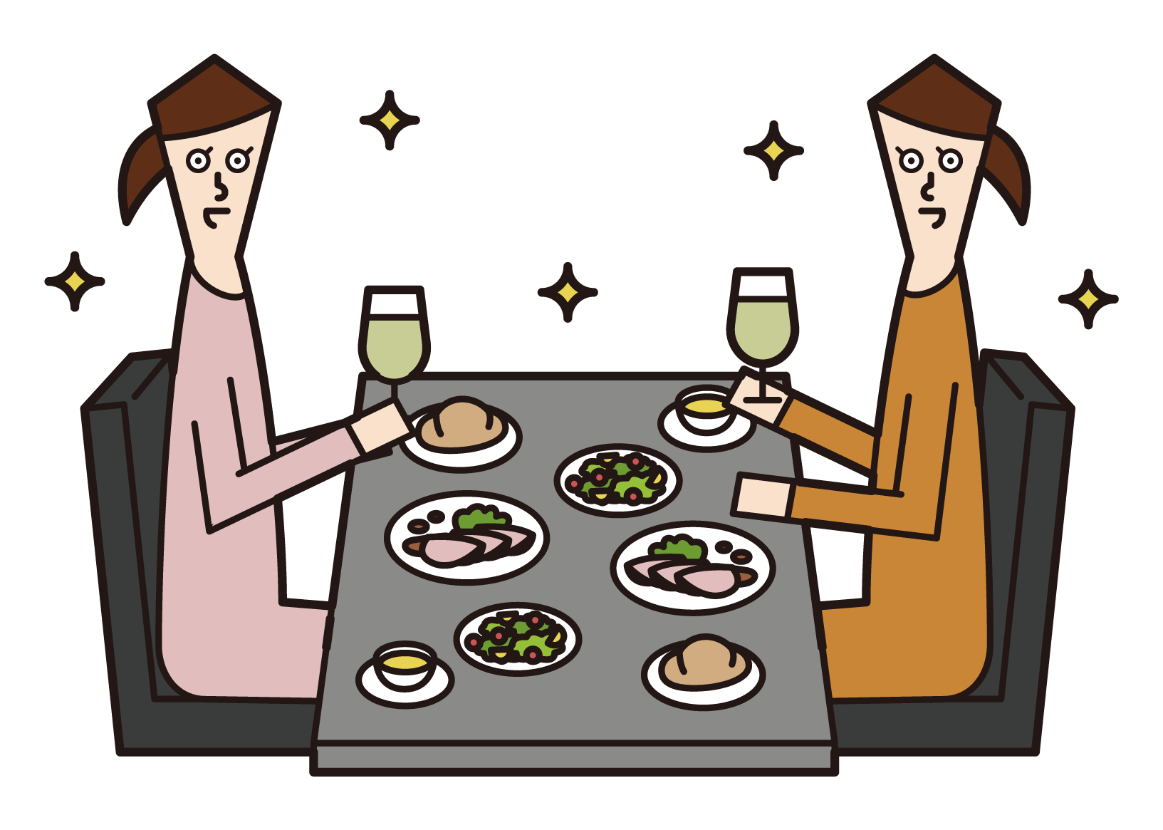 立食パーティーで乾杯する人たち（男女）のイラスト