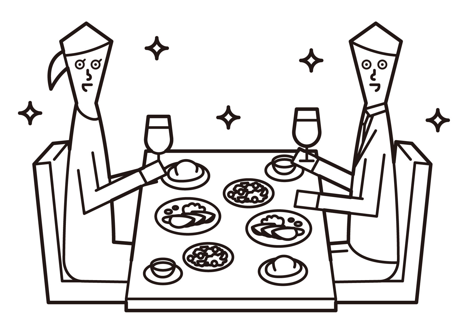 Illustration of a couple (men and women) inging for dinner at a restaurant