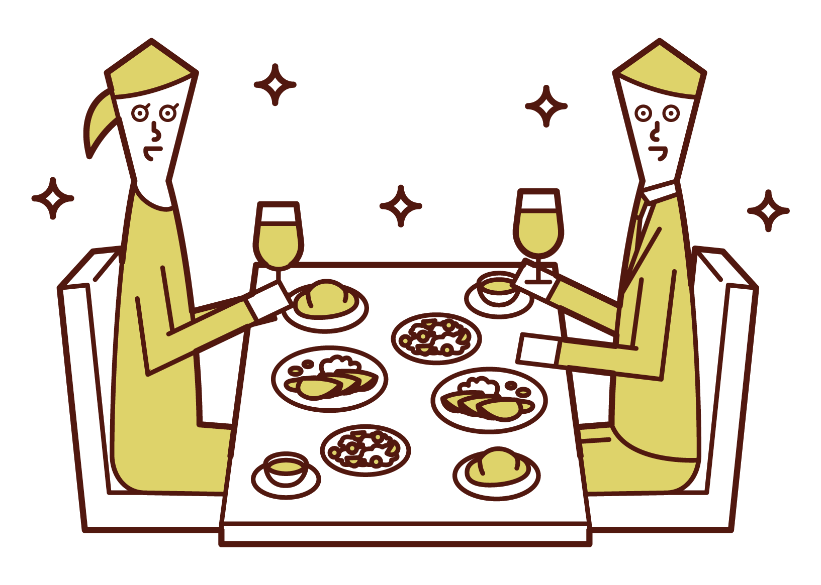 レストランでディナーを食べるカップル（男女）のイラスト