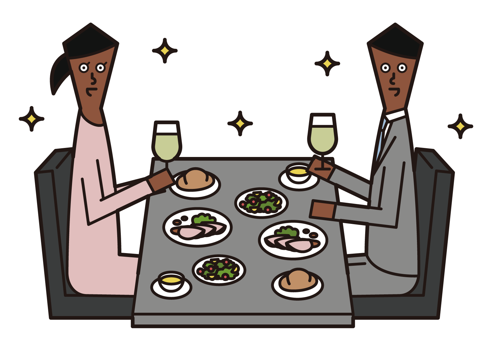 レストランでディナーを食べるカップル（男女）のイラスト