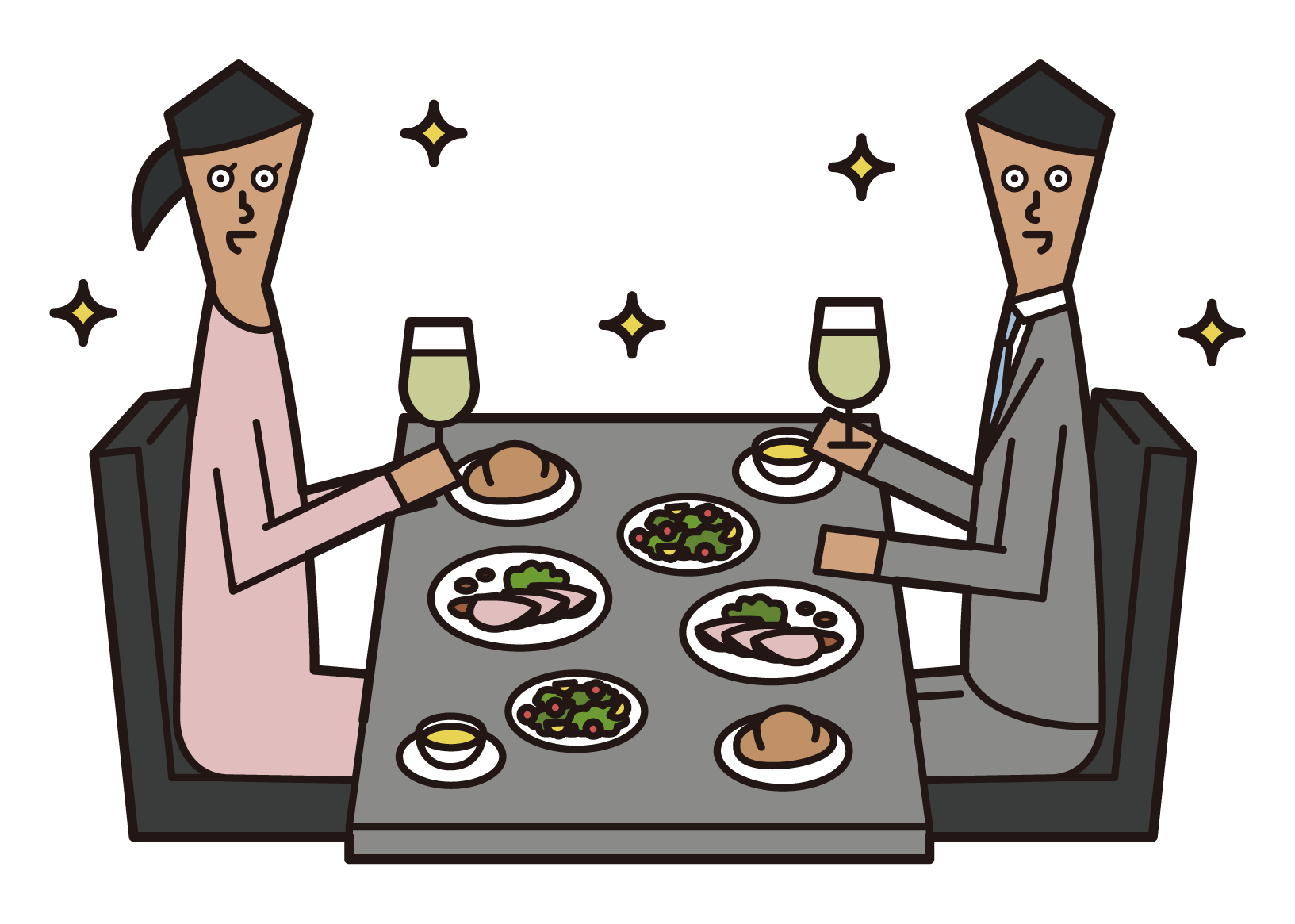 Illustration of a couple (men and women) inging for dinner at a restaurant