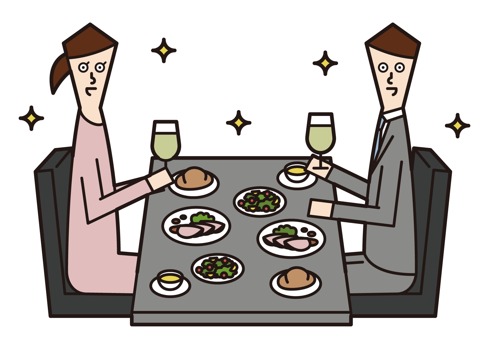 在餐廳吃晚餐的情侶（男性和女性）的插圖