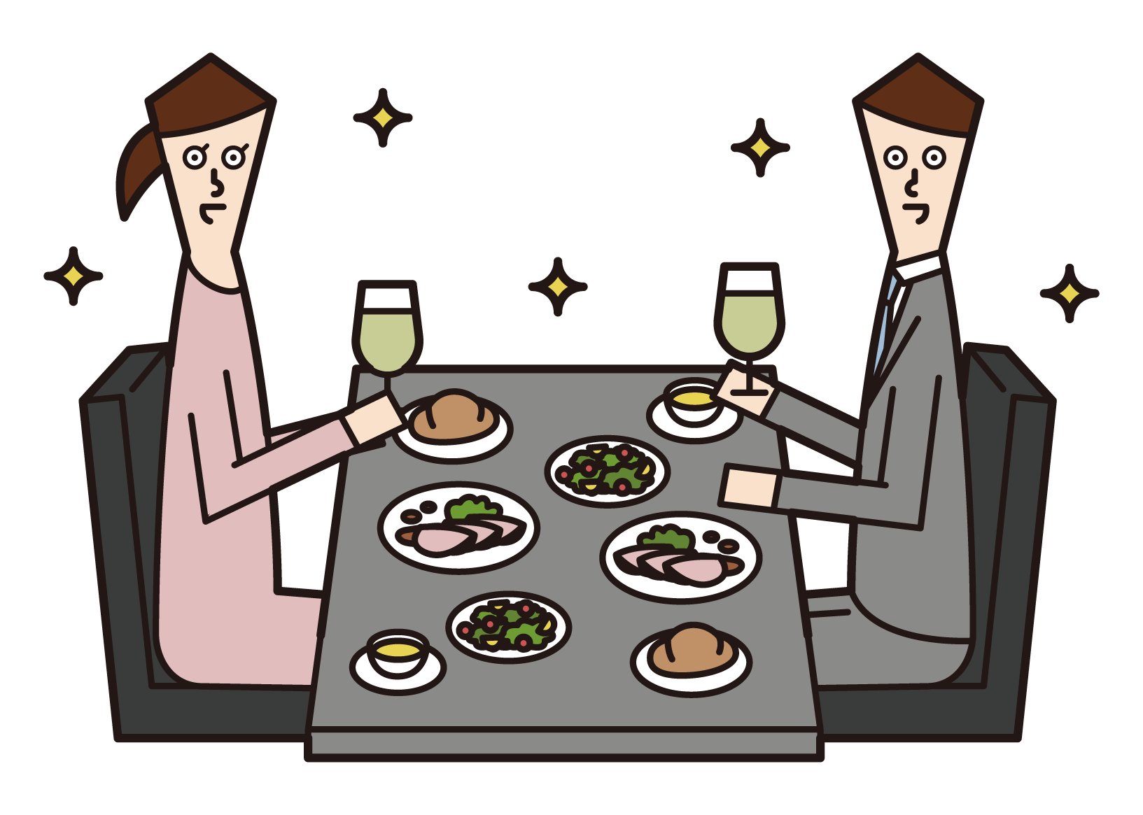 Illustration of a couple (men and women) inging for dinner at a restaurant