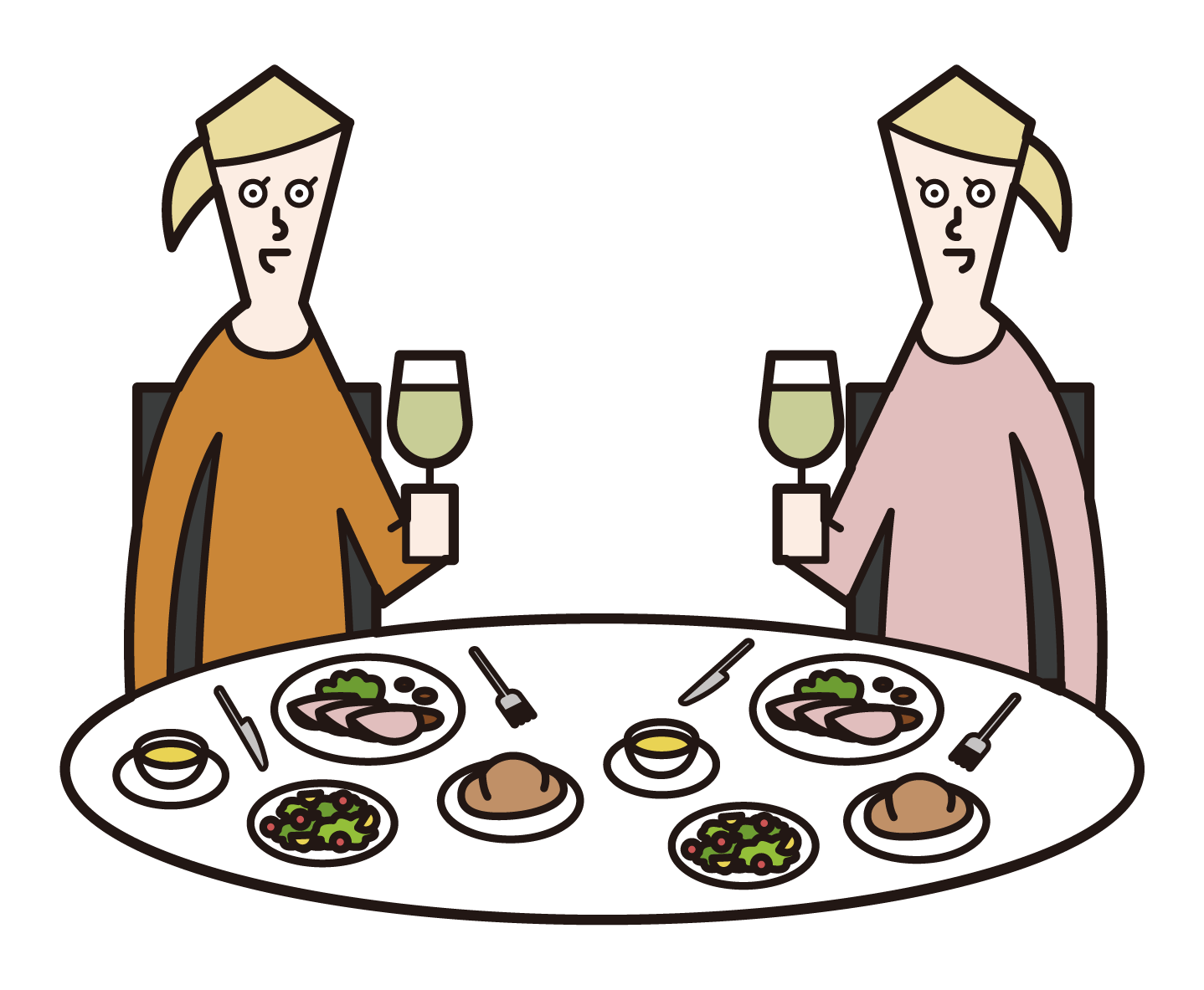 Illustration of people (women) enjoying dinner at a restaurant