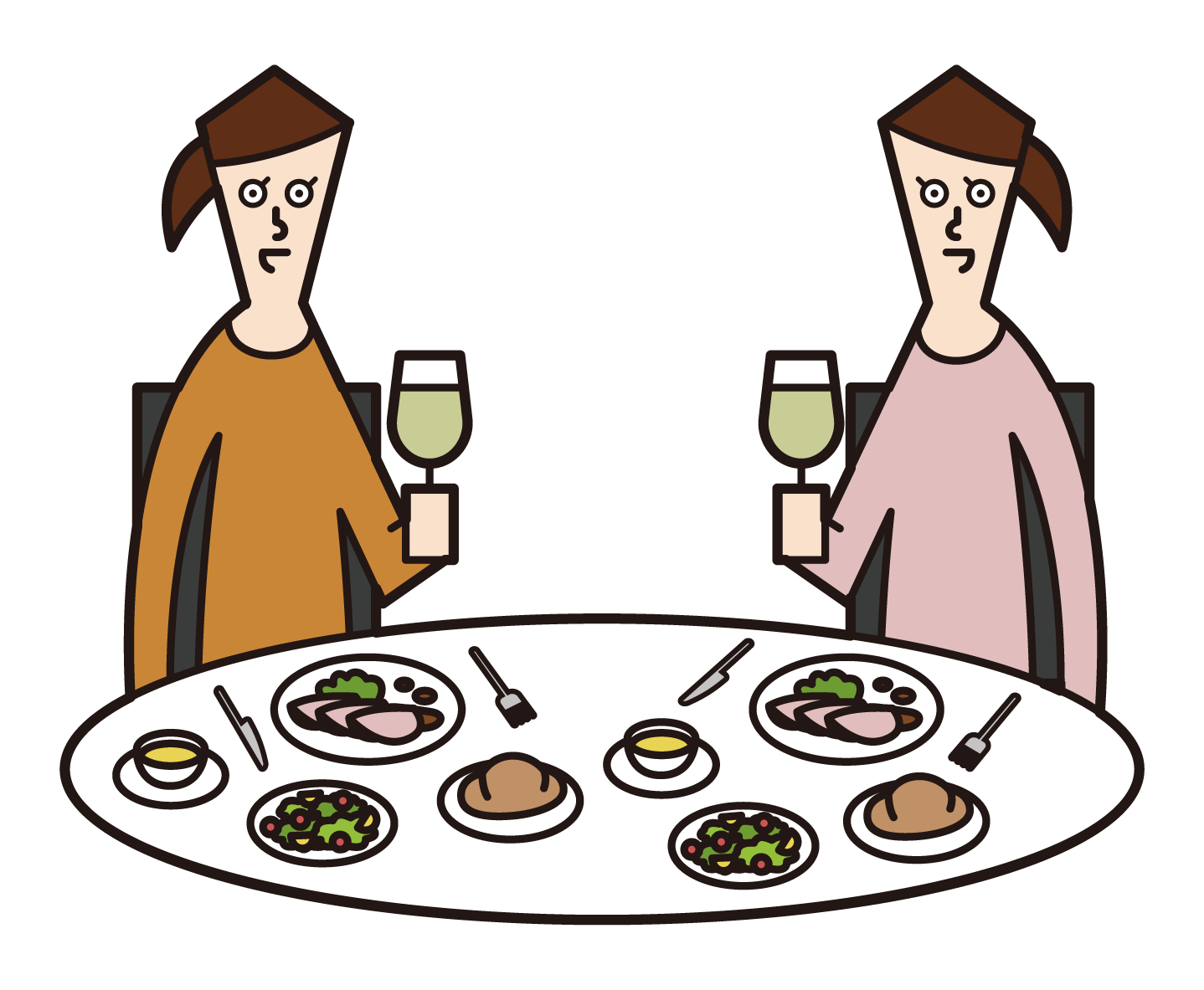 Illustration of people (women) enjoying dinner at a restaurant