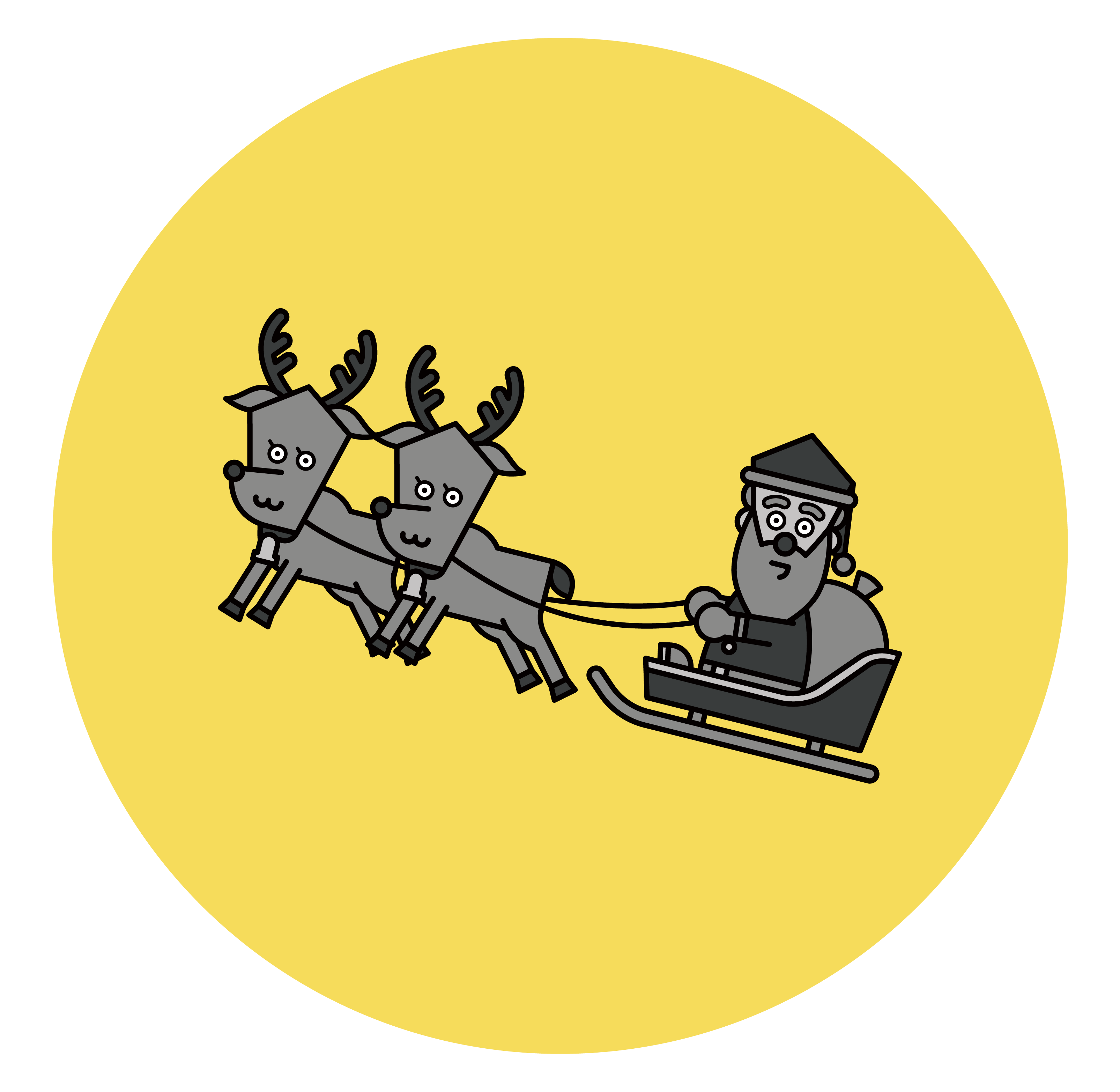 Illustration of Santa Claus running in front of the moon with a sleigh