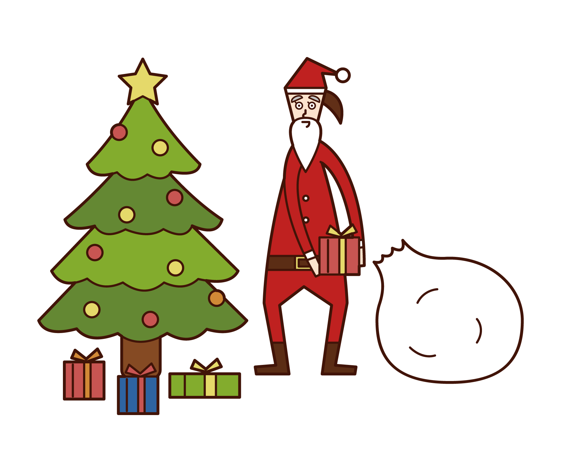 Illustration of Santa Claus (woman) arranging presents under a Christmas tree