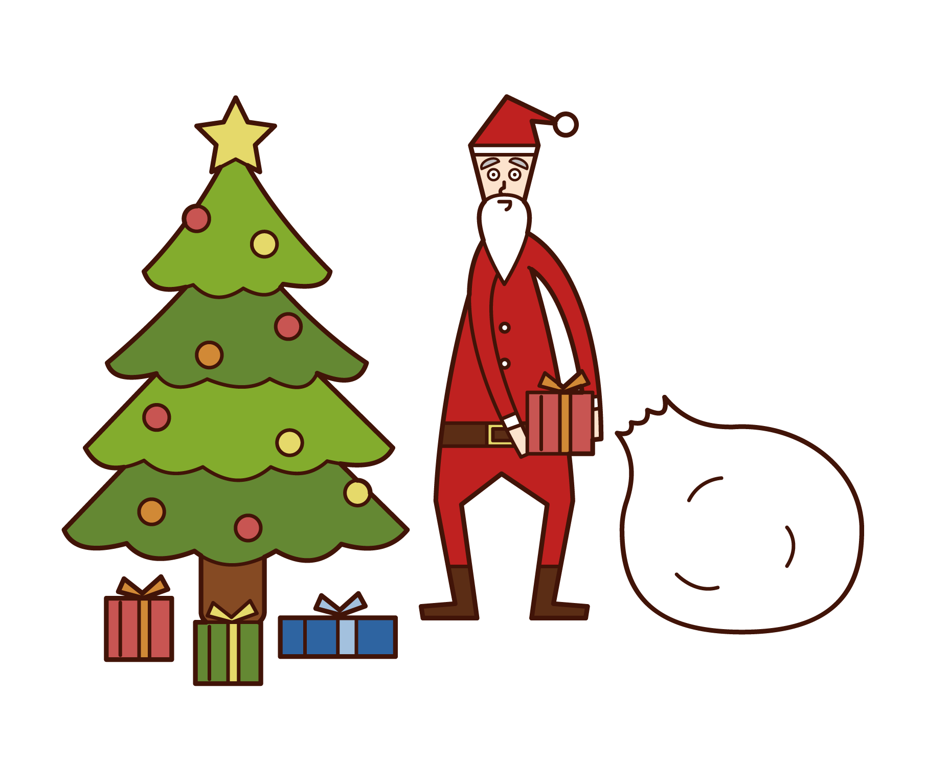 Illustration of Santa Claus (man) arranging presents under a Christmas tree