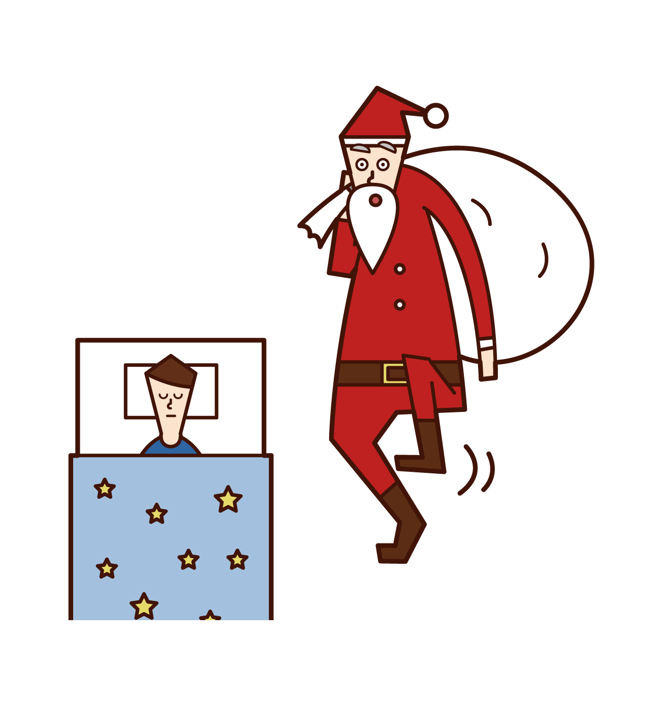 Illustration of Santa Claus (woman) arranging presents under a Christmas tree