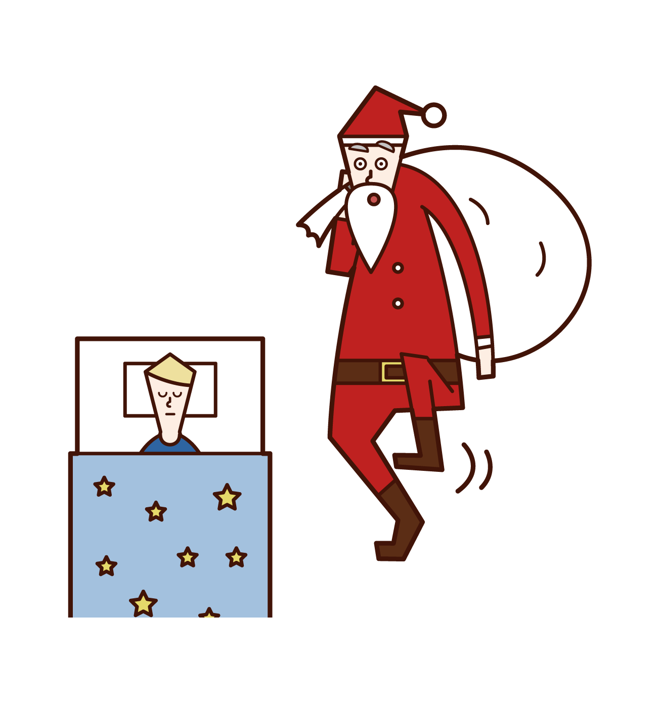 Illustration of Santa Claus giving a present to a sleeping child