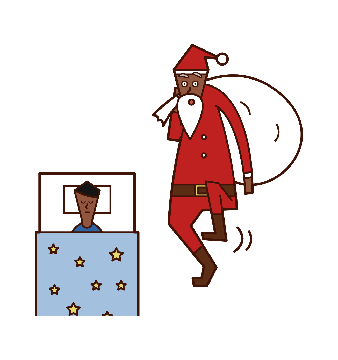 Illustration of Santa Claus giving a present to a sleeping child