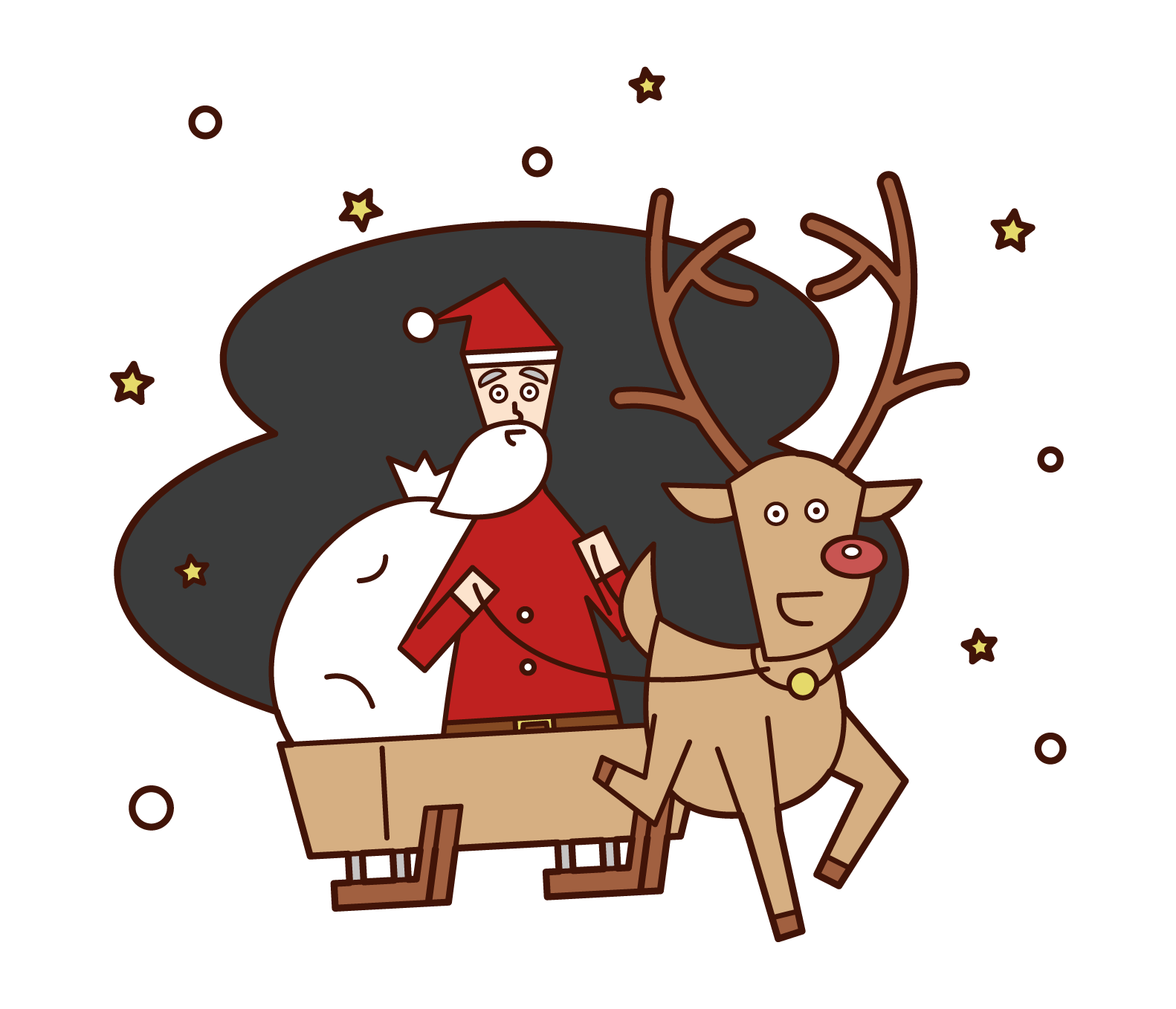 Illustration of Santa Claus on a reindeer and sled