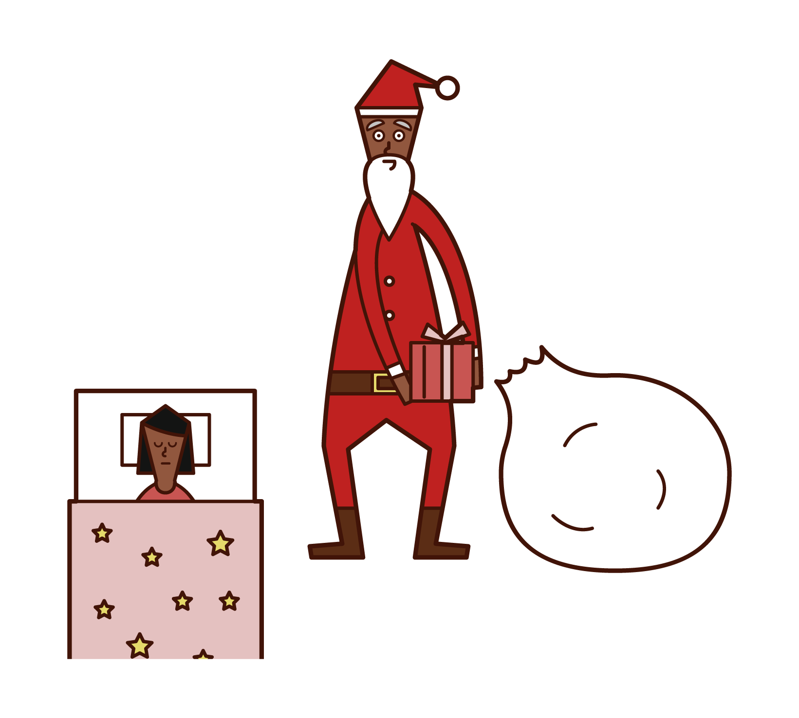 聖誕老人在床邊放禮物的插圖