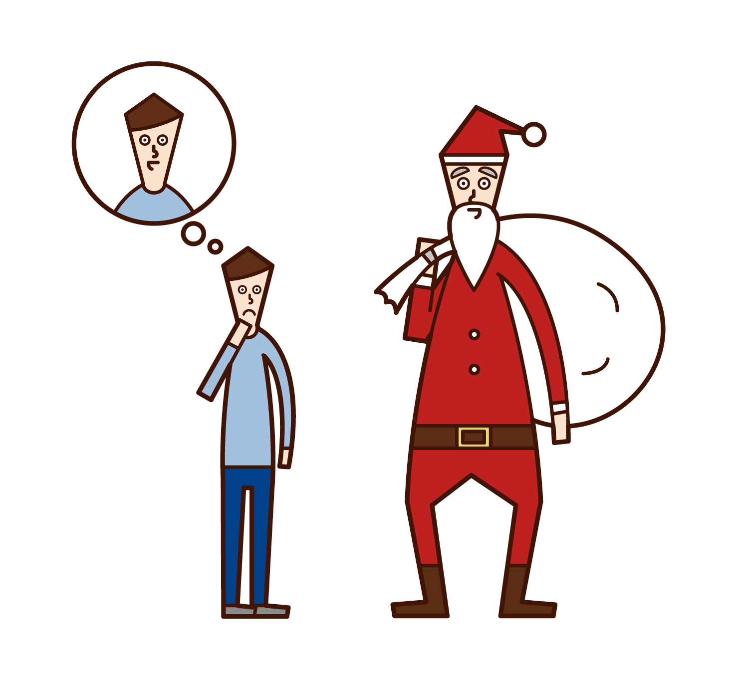 Illustration of a child (boy) who doubts the identity of Santa Claus