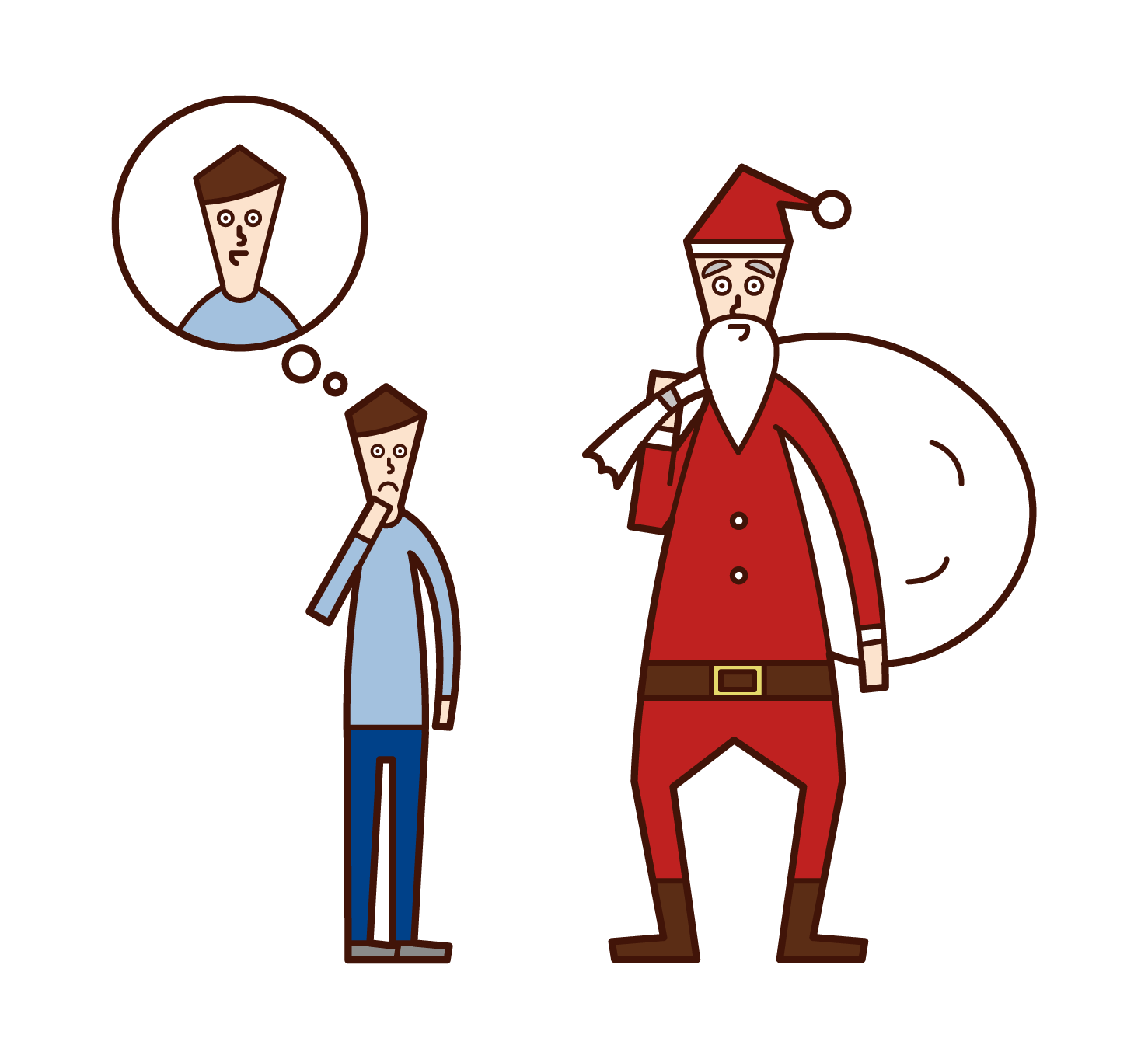 Illustration of a child (girl) who doubts the identity of Santa Claus