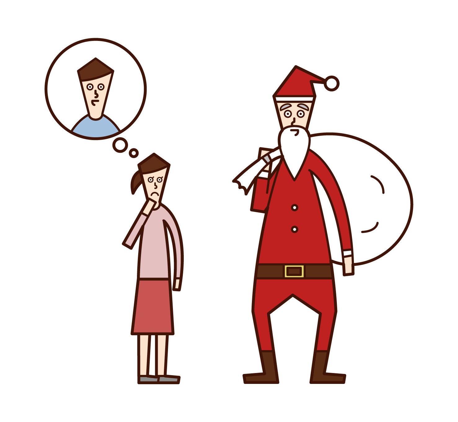 Illustration of a child (girl) who doubts the identity of Santa Claus