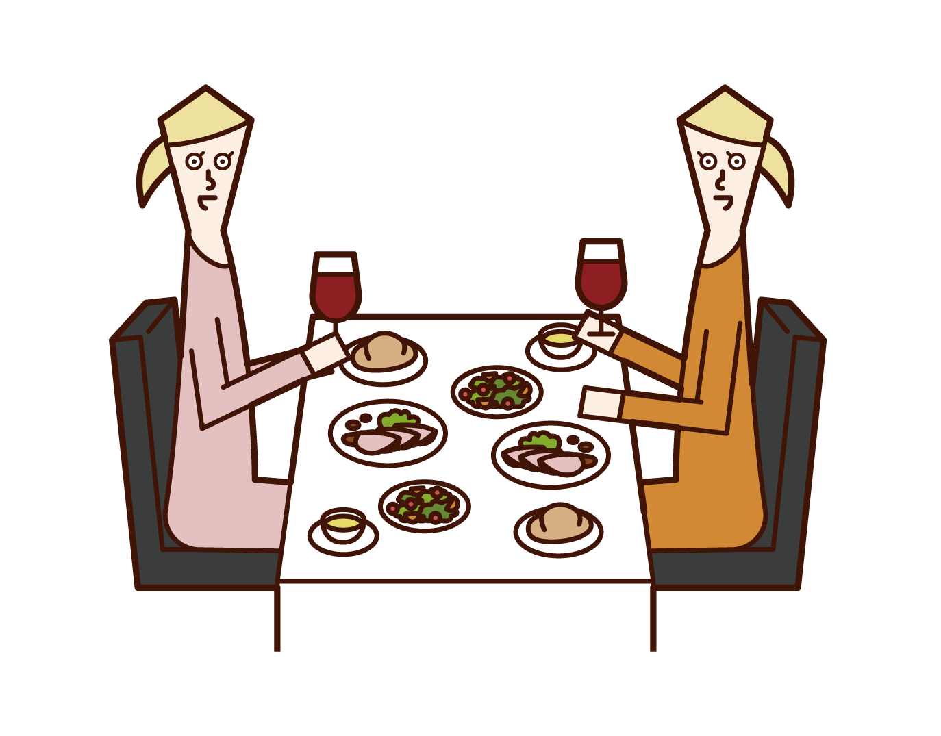 在餐廳吃晚餐的人（女性）的插圖