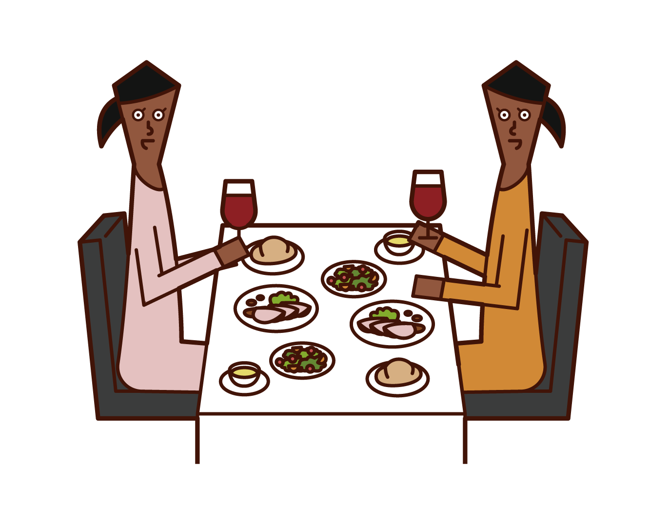 在餐廳吃晚餐的人（女性）的插圖