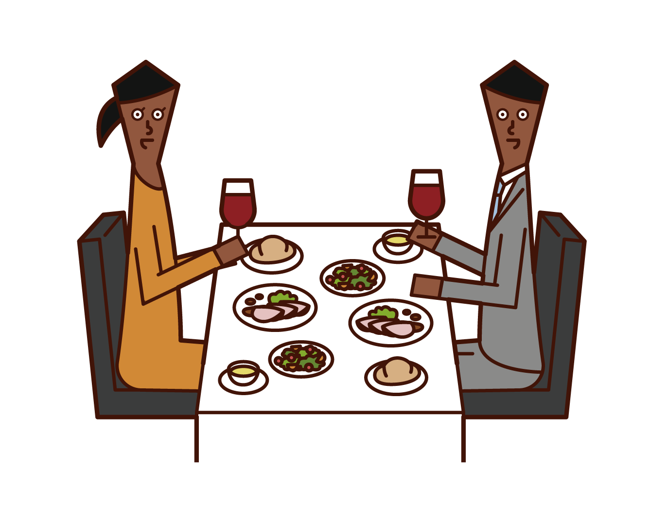 在餐廳吃晚餐的情侶（男性和女性）的插圖