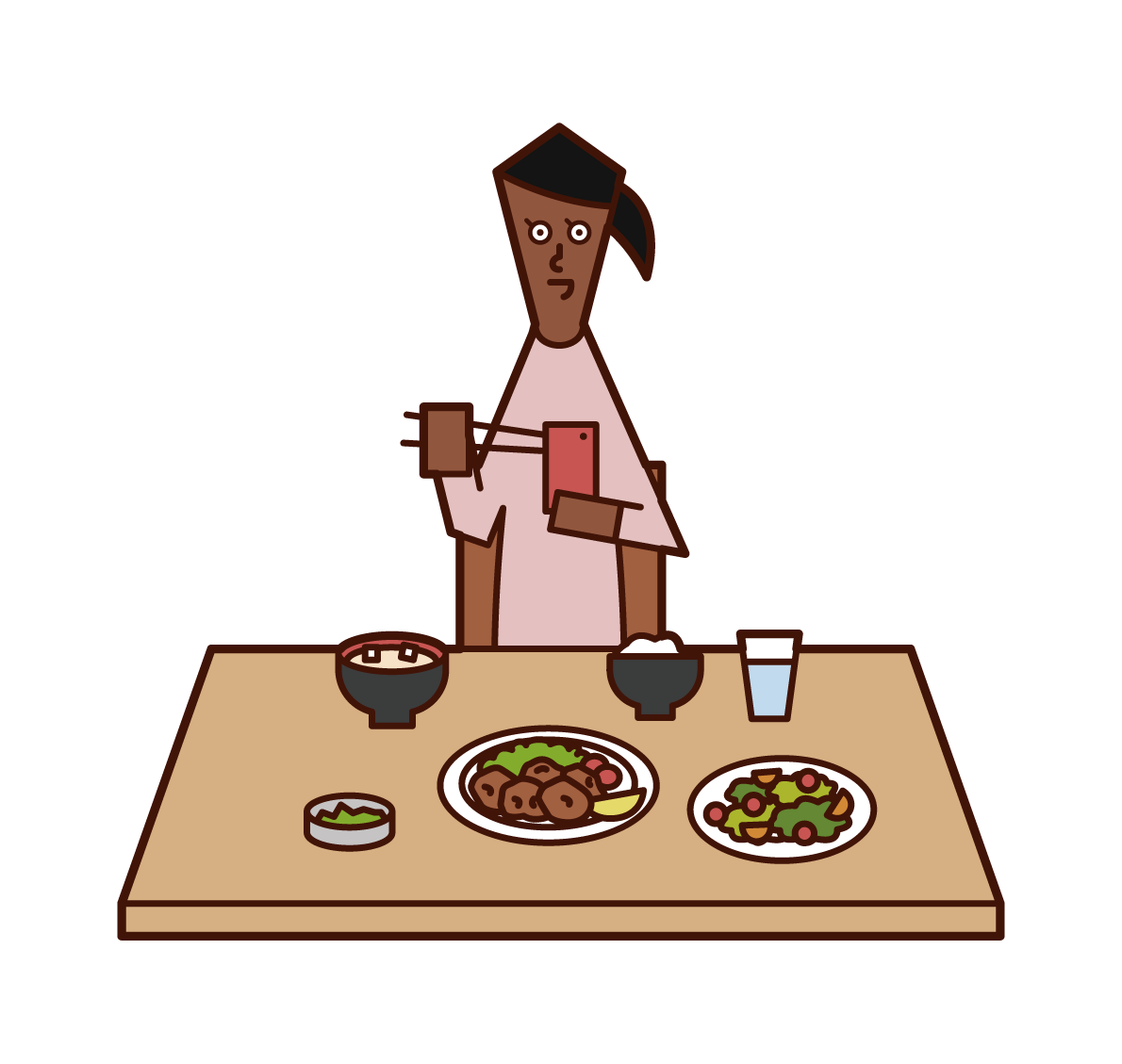 Illustrations of people (women) who use smartphones during meals