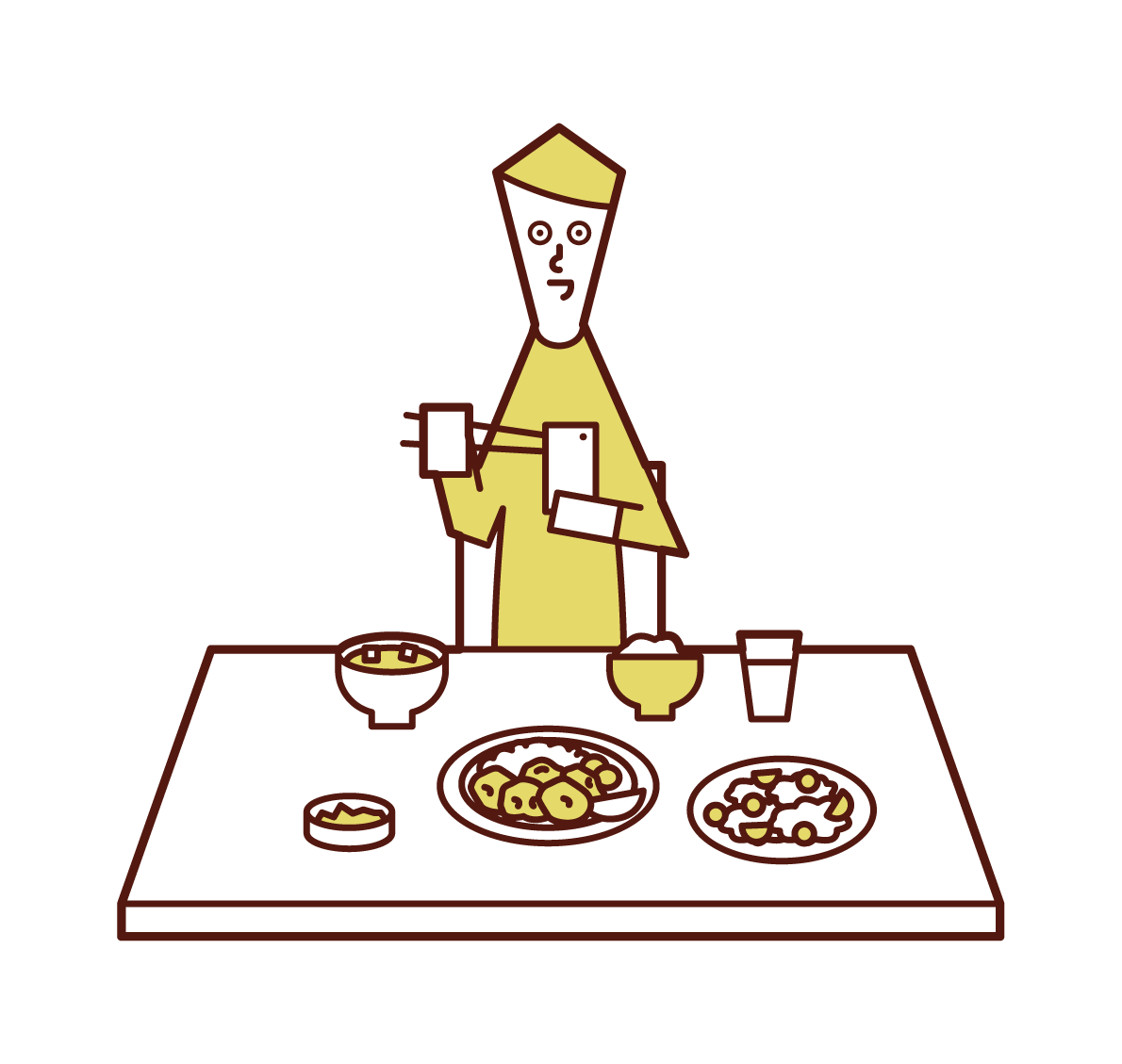 Illustration of a man who uses a smartphone during a meal