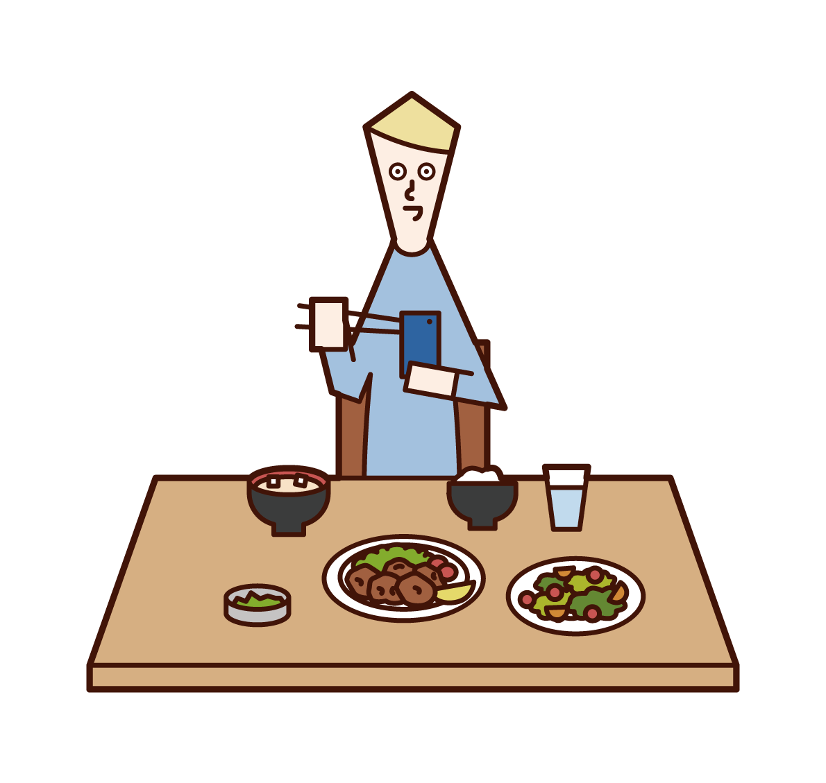 Illustration of a man who uses a smartphone during a meal
