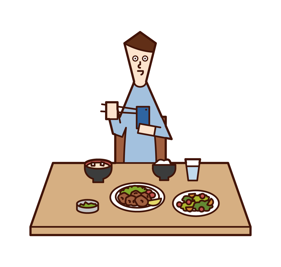 Illustration of a man who uses a smartphone during a meal