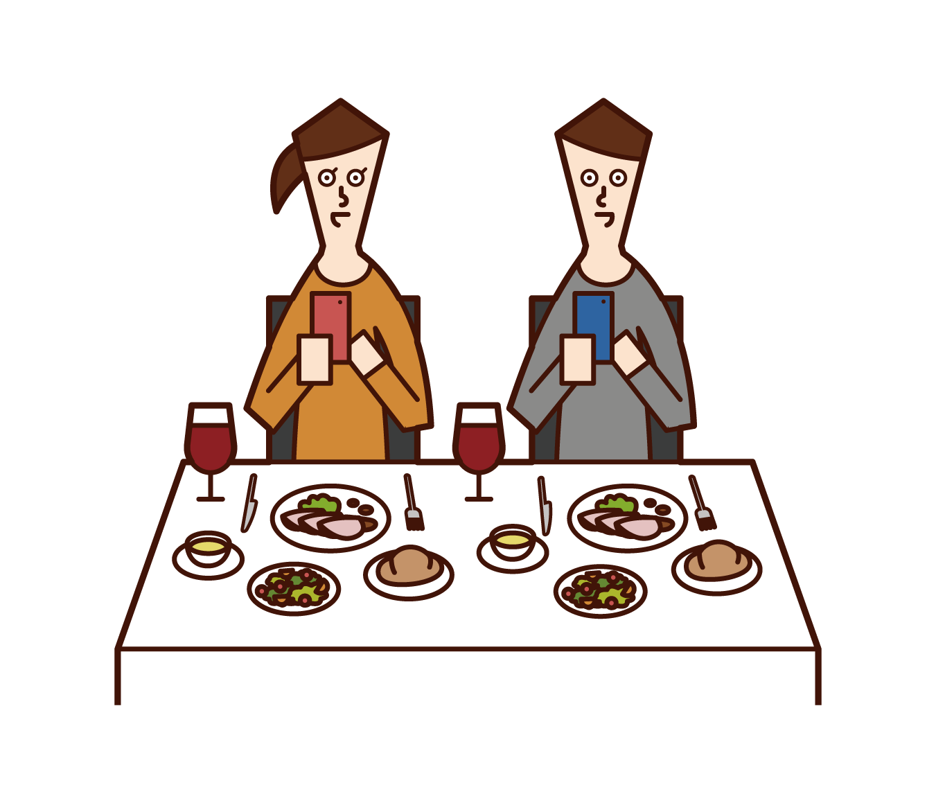 Illustrations of people (men and women) taking pictures of food at restaurants