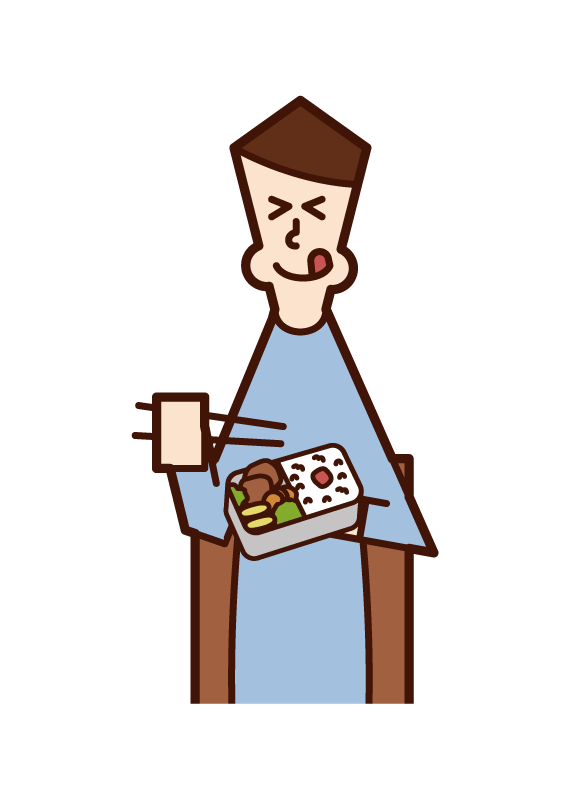 Illustration of a man eating a delicious bento