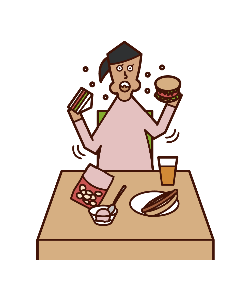 Illustration of eating and drinking and hyperecoaging (woman)